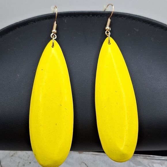 Long Yellow drop earrings tear drop  shape wood jewelry handmade - Picture 2 of 4